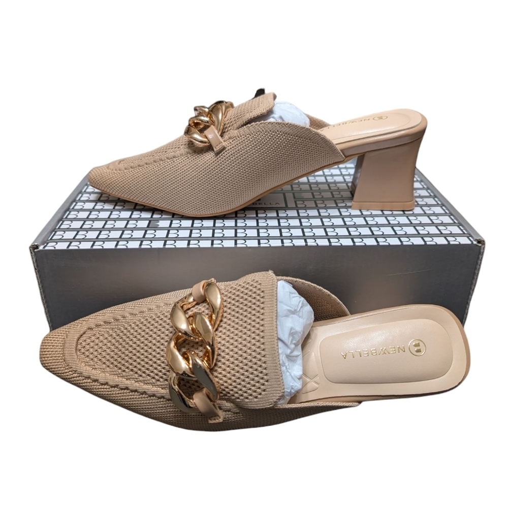 Newbella Apricot Tan Chunky Block Heel Pointed Toe Mules with Gold Chain Detail